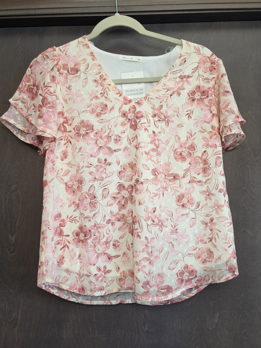 Pink & Cream Floral V-Neck Flutter Sleeve Blouse